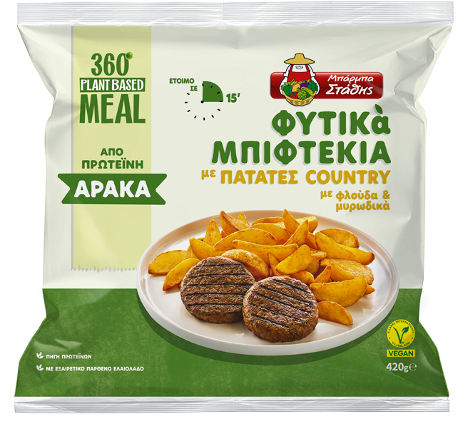 Φυτικά μπιφτέκια από πρωτεΐνη αρακά με πατάτες country με φλούδα & μυρωδικά
