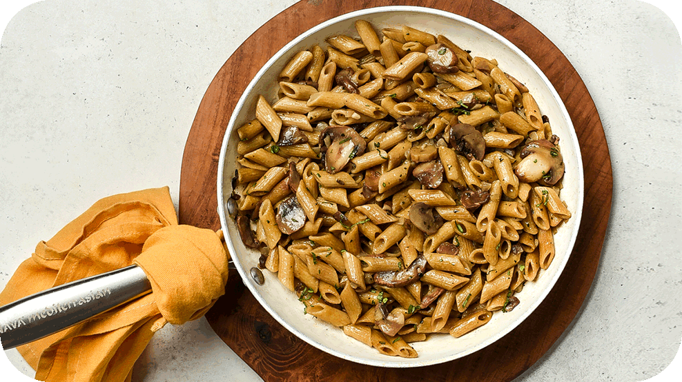 WHOLE GRAIN PASTA PENNE WITH MUSHROOMS & BASIL BARBA STATHIS