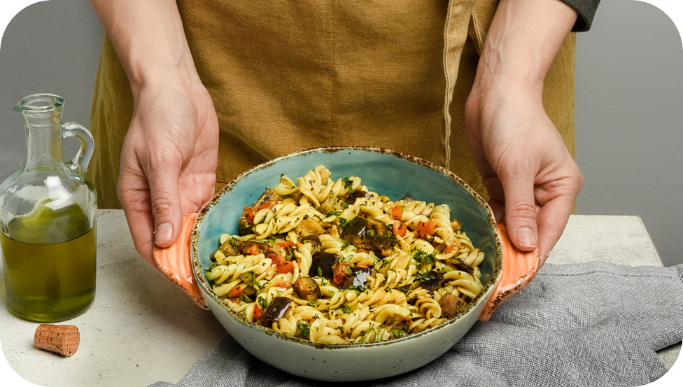 WHOLE GRAIN PASTA SCREWS WITH AUBERGINE & BASIL BARBA STATHIS